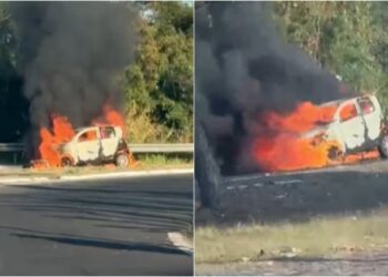 Veículo é destruído por incêndio na alça de acesso da Ponte JK e provoca congestionamento em Teresina