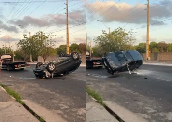 Carro capota após colisão entre veículos durante a madrugada em Teresina