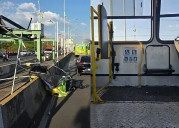 Estrutura com bandeira do Piauí cai sobre ônibus e deixa passageiros feridos em Teresina
